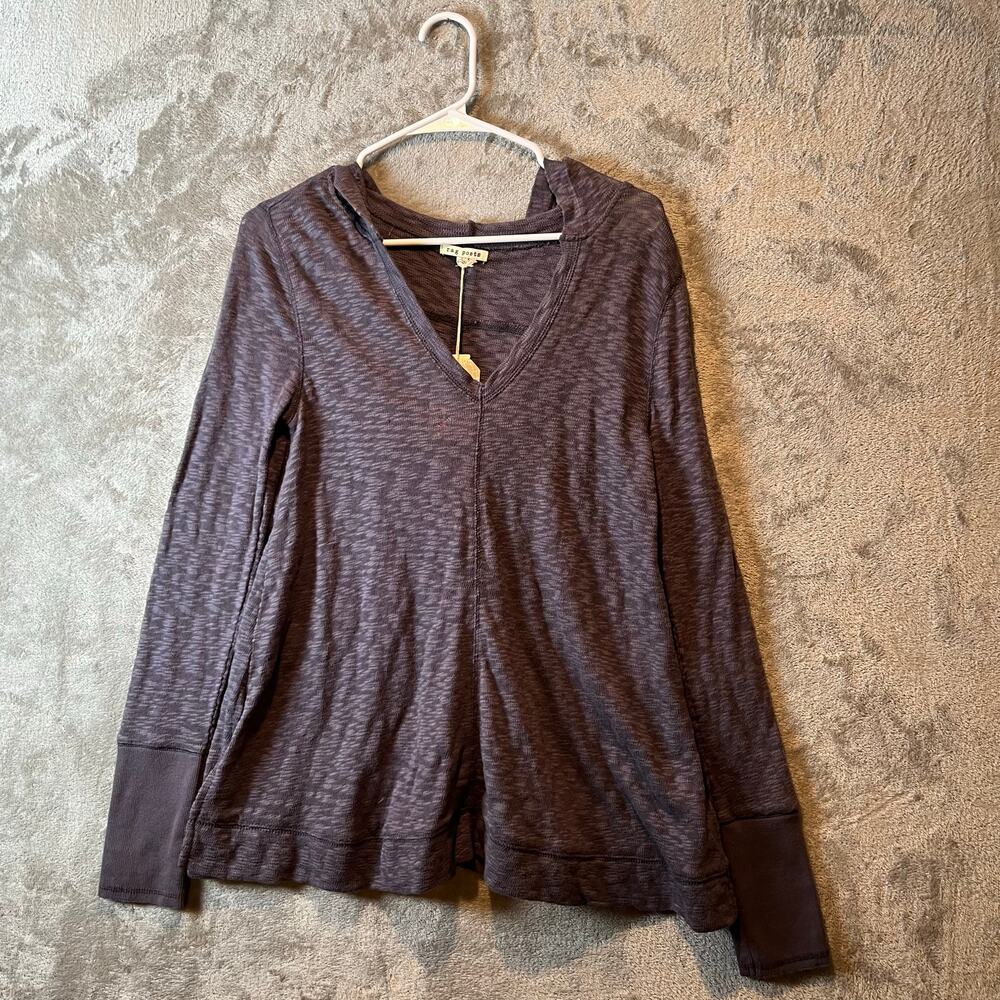 Rag Poets Purple Gray Textured V-Neck Hoodie Top Boho Casual‎ Long Sleeve SM New